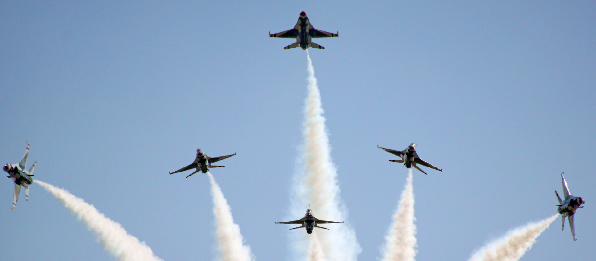 Riverside, California,USA- April 16,2016. USAF Thunderbirds F-16 jets flying at 2016 March Air Show in Riverside, California. The March Air Show features the USAF Thunderbirds and military aircraft performing free for the general public.